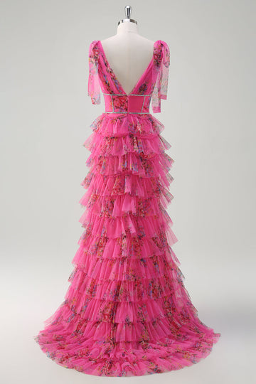 Fuchsia A Line Flæse V-hals Lagdelt Floral Prom Kjole med slids